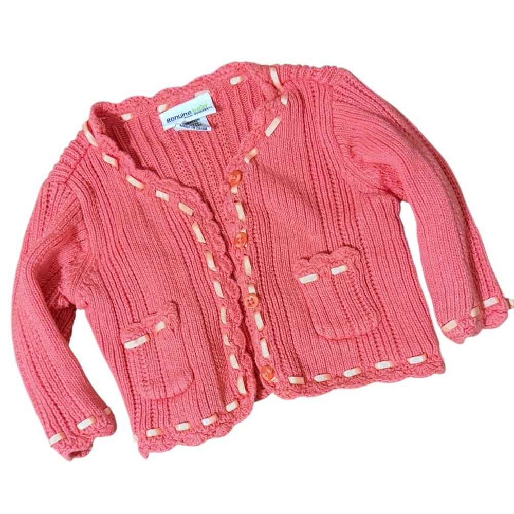 Vintage OshKosh Baby Pink Knit Cardigan Sweater 3M Ribbon Trim